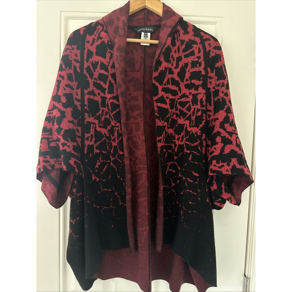 Ming Wang Cardigan Sweater Womens S/M Poncho Red Black Knit Wrap Lagenlook